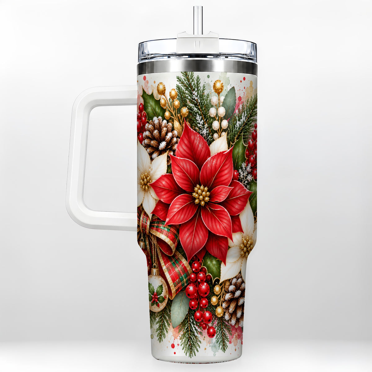 Christmas Poinsettia 40oz Tumbler with Handle, Plaid Bow Floral Art