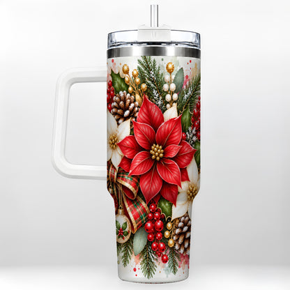Christmas Poinsettia 40oz Tumbler with Handle, Plaid Bow Floral Art