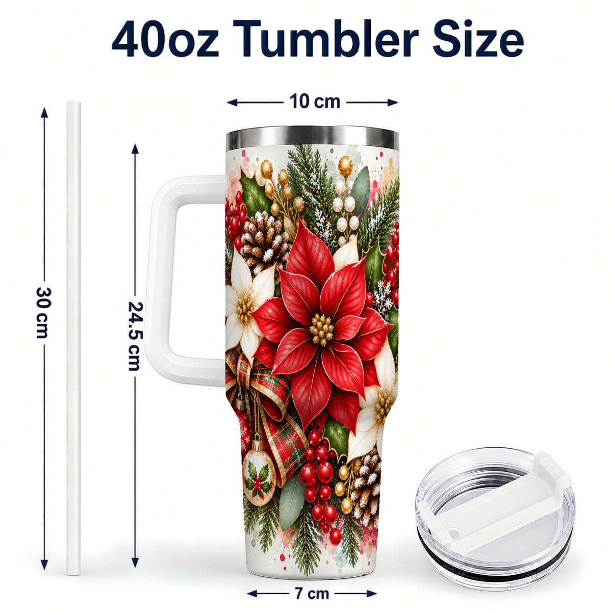 #pl[40oz|White] Christmas Poinsettia 40oz Tumbler with Handle, Plaid Bow Floral Art