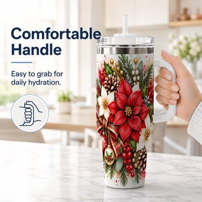 #pl[40oz|White] Christmas Poinsettia 40oz Tumbler with Handle, Plaid Bow Floral Art