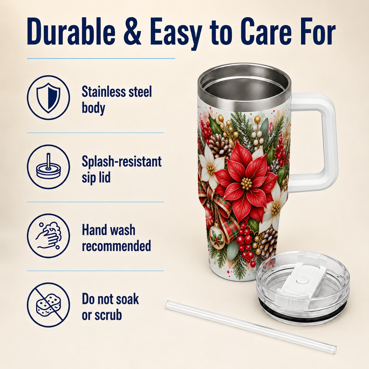 Christmas Poinsettia 40oz Tumbler with Handle, Plaid Bow Floral Art