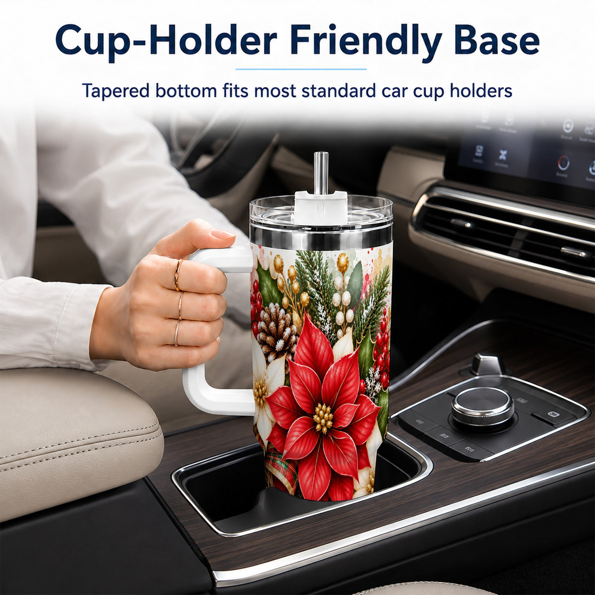Christmas Poinsettia 40oz Tumbler with Handle, Plaid Bow Floral Art