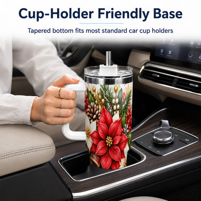 Christmas Poinsettia 40oz Tumbler with Handle, Plaid Bow Floral Art