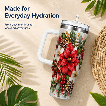 Christmas Poinsettia 40oz Tumbler with Handle, Plaid Bow Floral Art
