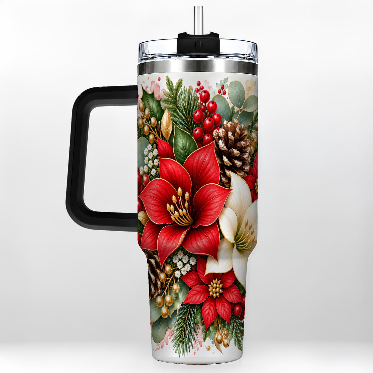 #pl[40oz|Black] Christmas Poinsettia 40oz Tumbler with Handle, Winter Floral Design