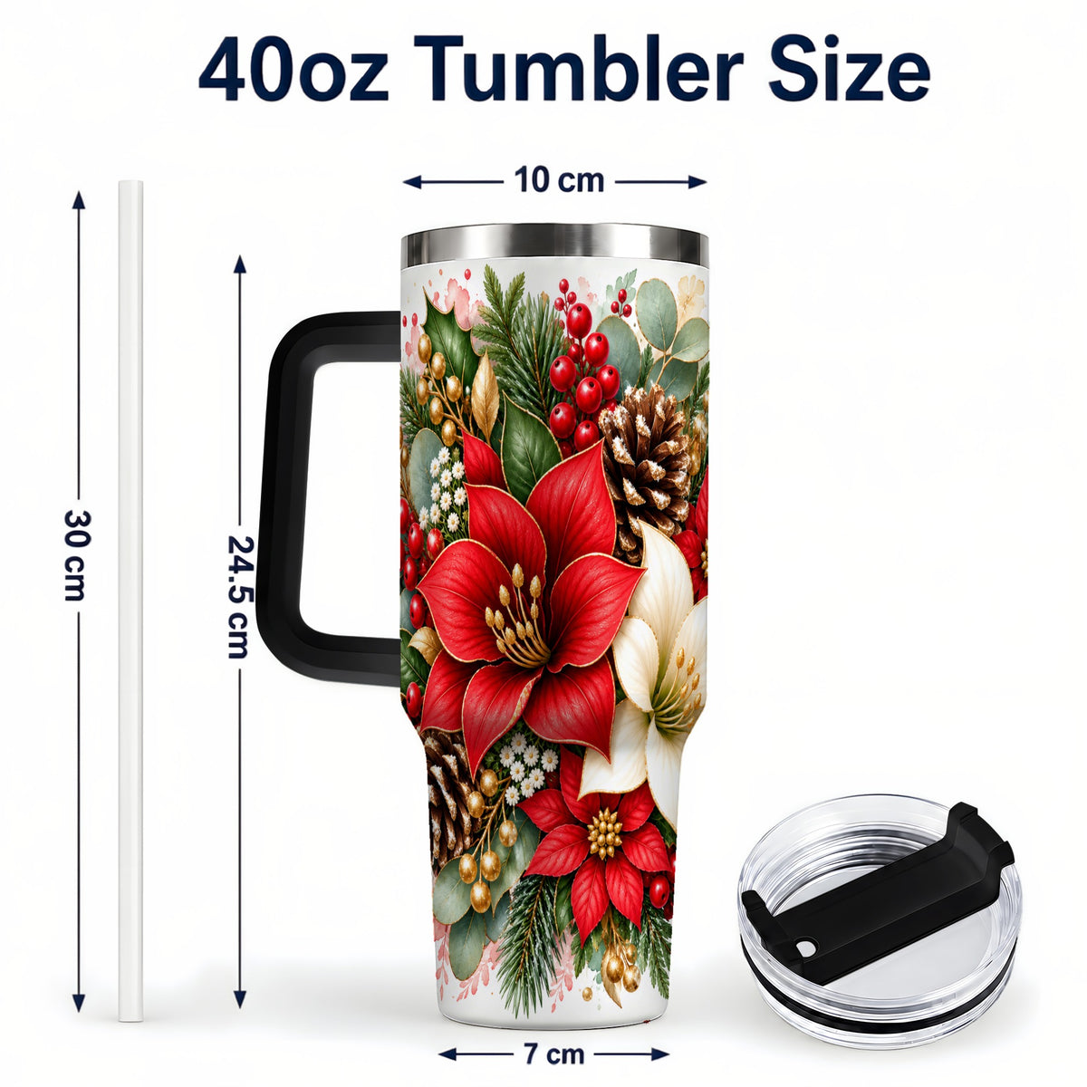 #pl[40oz|Black] Christmas Poinsettia 40oz Tumbler with Handle, Winter Floral Design