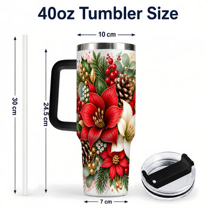 #pl[40oz|Black] Christmas Poinsettia 40oz Tumbler with Handle, Winter Floral Design