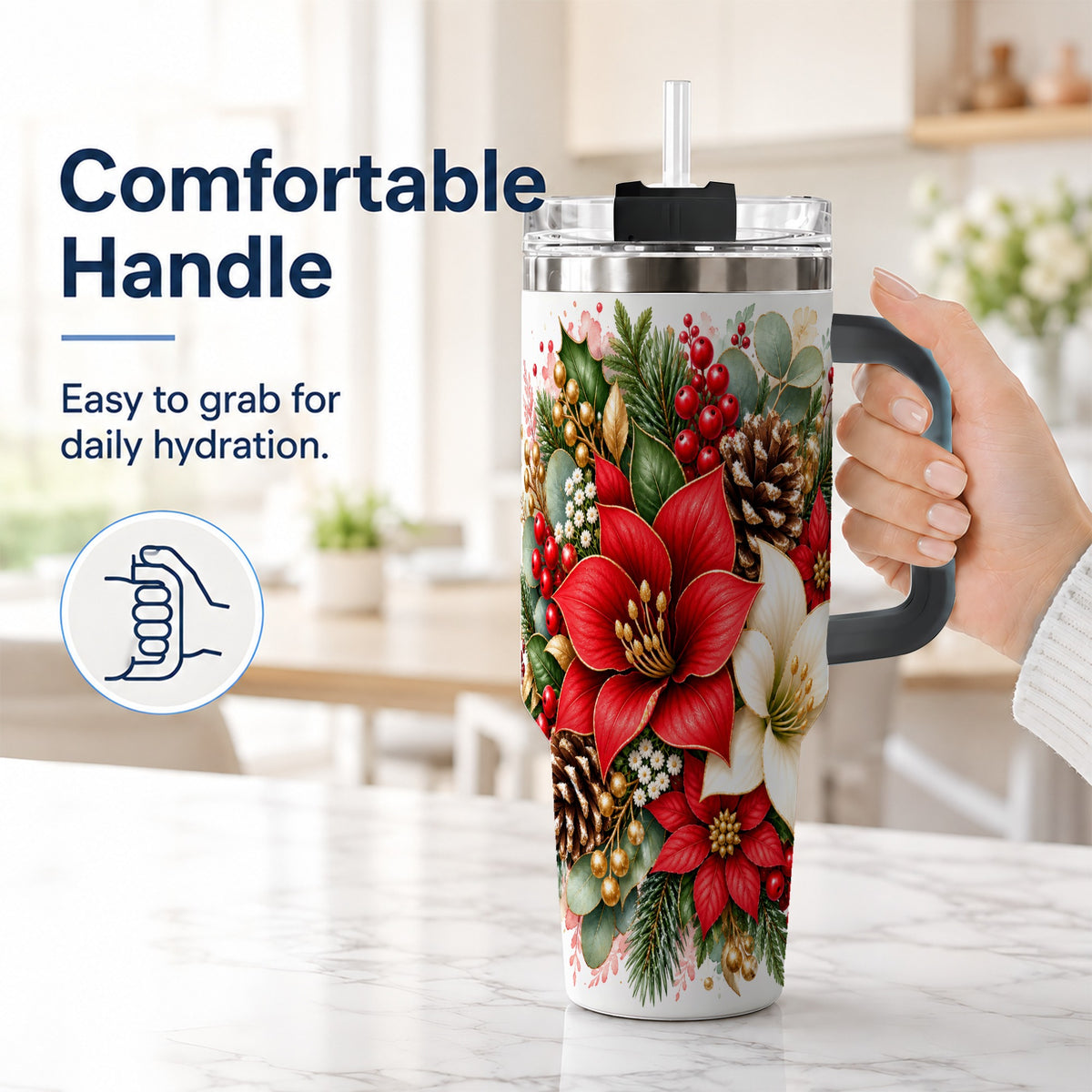 #pl[40oz|Black] Christmas Poinsettia 40oz Tumbler with Handle, Winter Floral Design