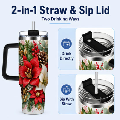 #pl[40oz|Black] Christmas Poinsettia 40oz Tumbler with Handle, Winter Floral Design