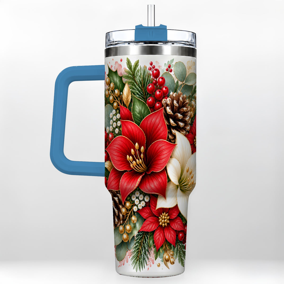 #pl[40oz|Blue] Christmas Poinsettia 40oz Tumbler with Handle, Winter Floral Design