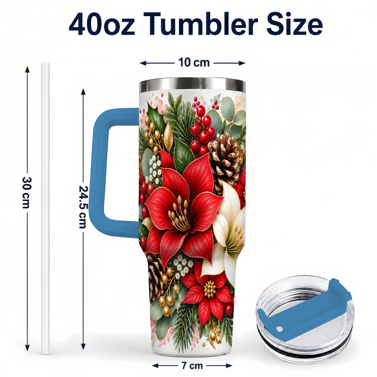 #pl[40oz|Blue] Christmas Poinsettia 40oz Tumbler with Handle, Winter Floral Design