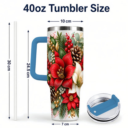 #pl[40oz|Blue] Christmas Poinsettia 40oz Tumbler with Handle, Winter Floral Design