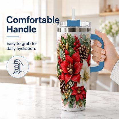 #pl[40oz|Blue] Christmas Poinsettia 40oz Tumbler with Handle, Winter Floral Design