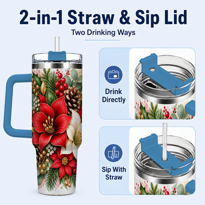 #pl[40oz|Blue] Christmas Poinsettia 40oz Tumbler with Handle, Winter Floral Design