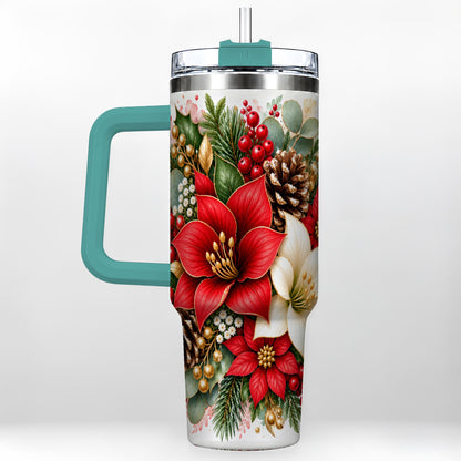 #pl[40oz|Green] Christmas Poinsettia 40oz Tumbler with Handle, Winter Floral Design