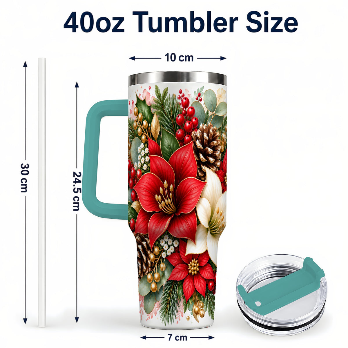 #pl[40oz|Green] Christmas Poinsettia 40oz Tumbler with Handle, Winter Floral Design