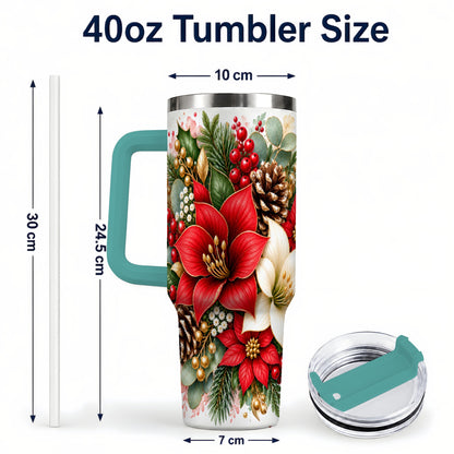 #pl[40oz|Green] Christmas Poinsettia 40oz Tumbler with Handle, Winter Floral Design