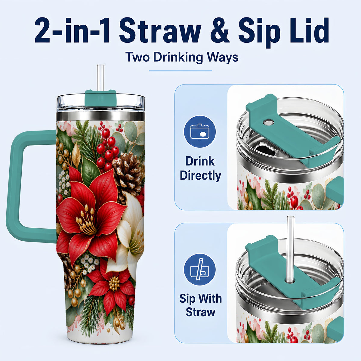 #pl[40oz|Green] Christmas Poinsettia 40oz Tumbler with Handle, Winter Floral Design