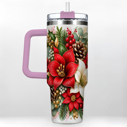 #pl[40oz|Pink] Christmas Poinsettia 40oz Tumbler with Handle, Winter Floral Design