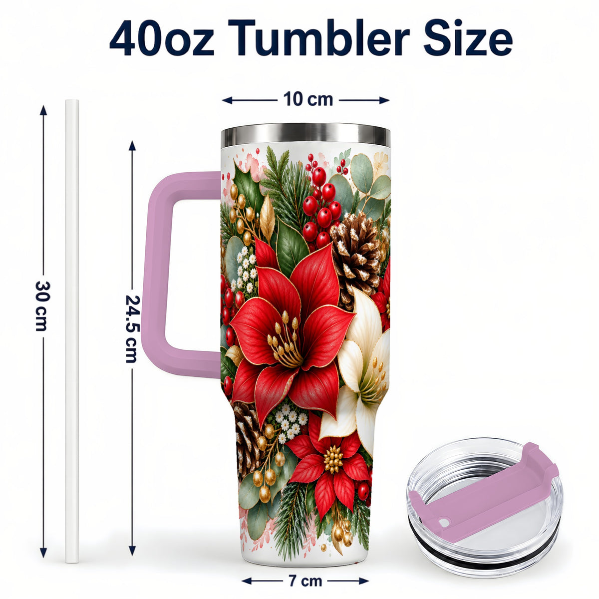#pl[40oz|Pink] Christmas Poinsettia 40oz Tumbler with Handle, Winter Floral Design
