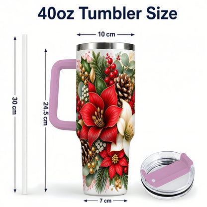 #pl[40oz|Pink] Christmas Poinsettia 40oz Tumbler with Handle, Winter Floral Design
