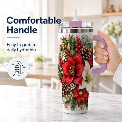 #pl[40oz|Pink] Christmas Poinsettia 40oz Tumbler with Handle, Winter Floral Design