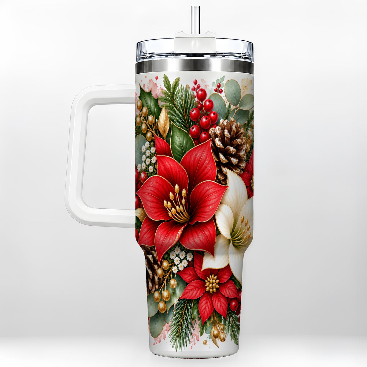Christmas Poinsettia 40oz Tumbler with Handle, Winter Floral Design