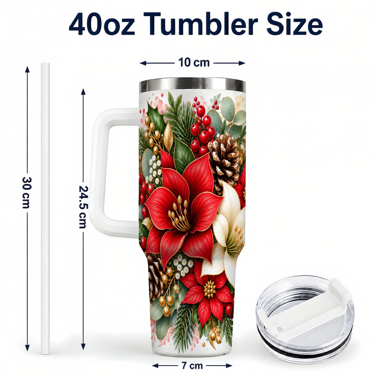 #pl[40oz|White] Christmas Poinsettia 40oz Tumbler with Handle, Winter Floral Design