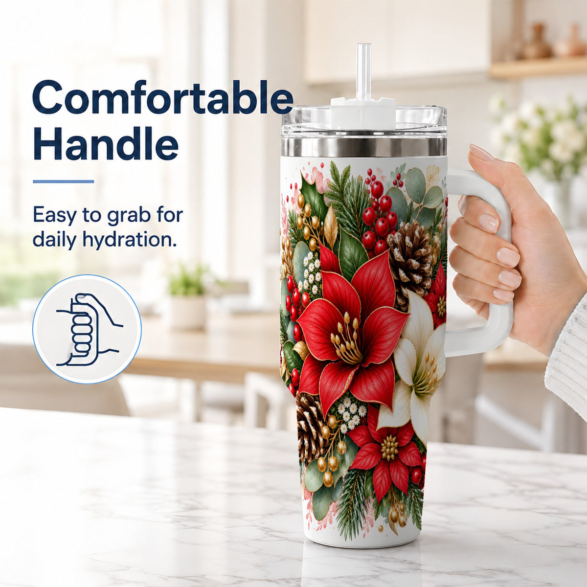 #pl[40oz|White] Christmas Poinsettia 40oz Tumbler with Handle, Winter Floral Design