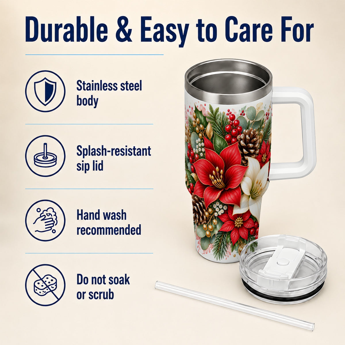 Christmas Poinsettia 40oz Tumbler with Handle, Winter Floral Design