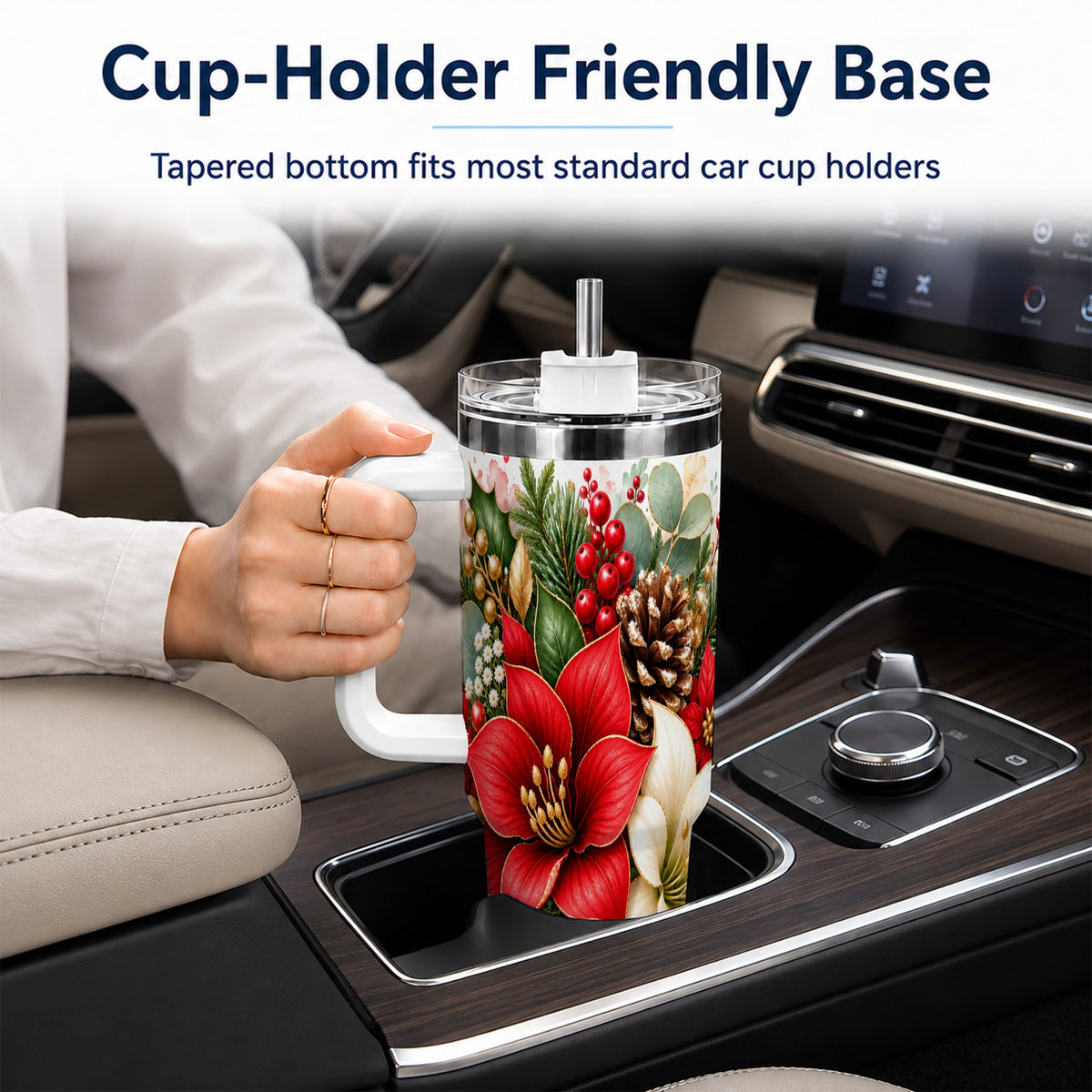Christmas Poinsettia 40oz Tumbler with Handle, Winter Floral Design