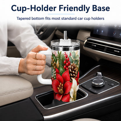 Christmas Poinsettia 40oz Tumbler with Handle, Winter Floral Design