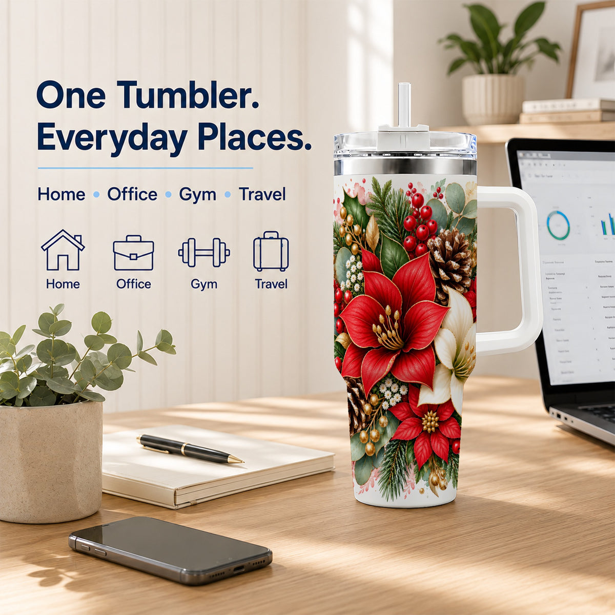 Christmas Poinsettia 40oz Tumbler with Handle, Winter Floral Design