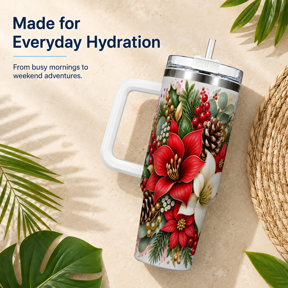 Christmas Poinsettia 40oz Tumbler with Handle, Winter Floral Design