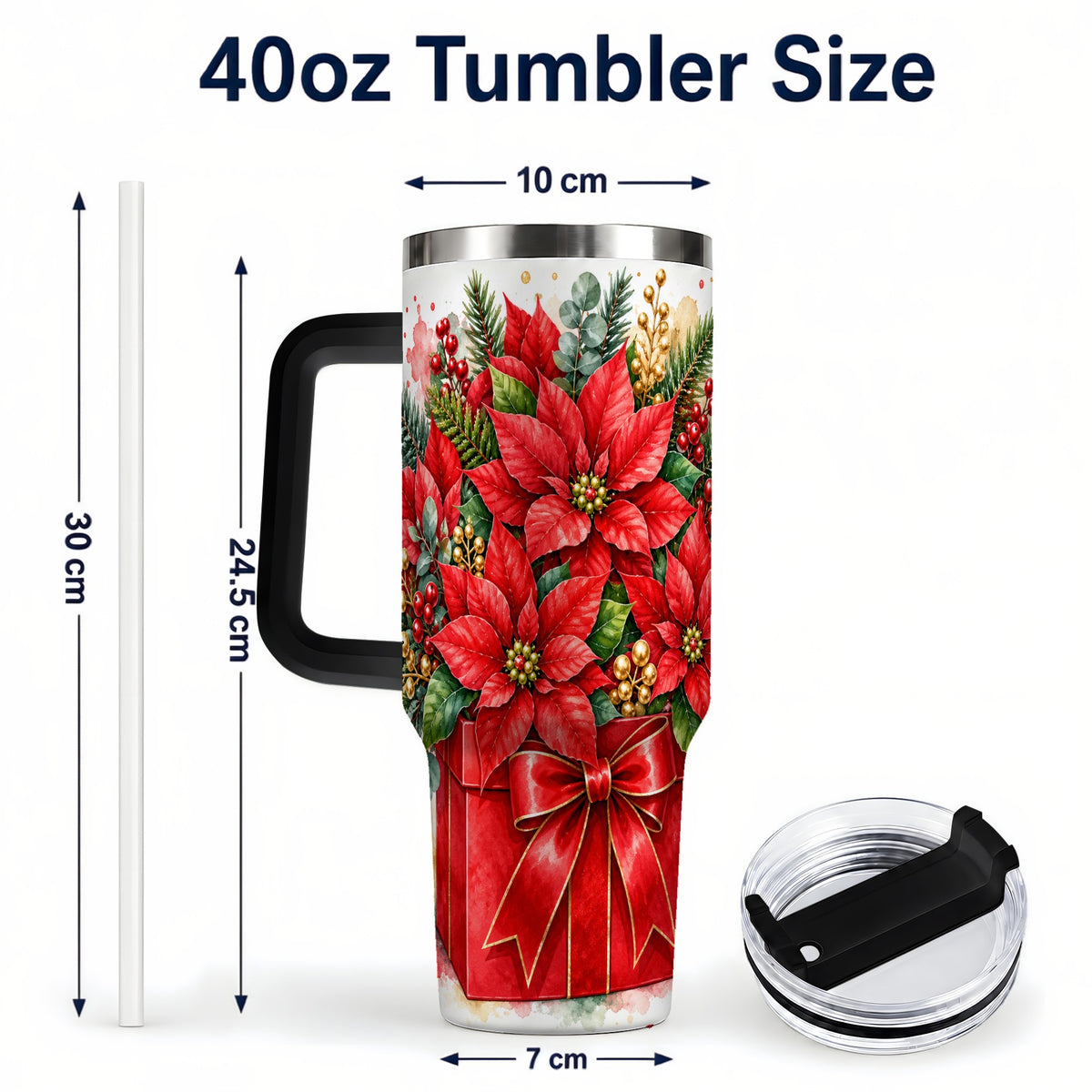 #pl[40oz|Black] Poinsettia Bouquet 40oz Tumbler with Handle, Christmas Floral Art