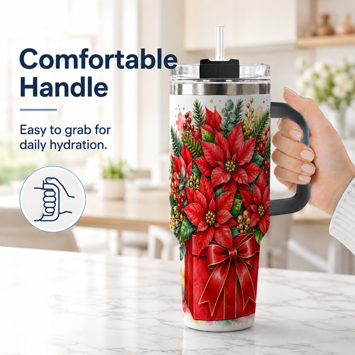 #pl[40oz|Black] Poinsettia Bouquet 40oz Tumbler with Handle, Christmas Floral Art