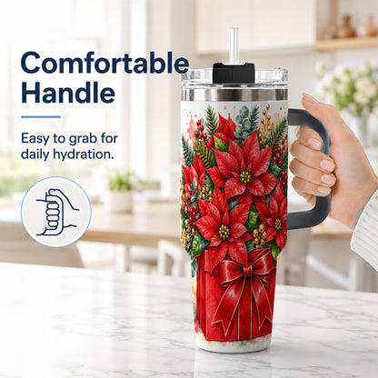 #pl[40oz|Black] Poinsettia Bouquet 40oz Tumbler with Handle, Christmas Floral Art
