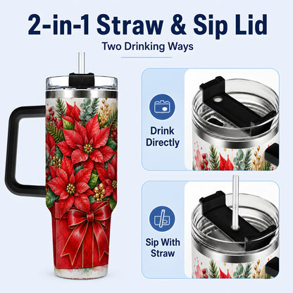#pl[40oz|Black] Poinsettia Bouquet 40oz Tumbler with Handle, Christmas Floral Art