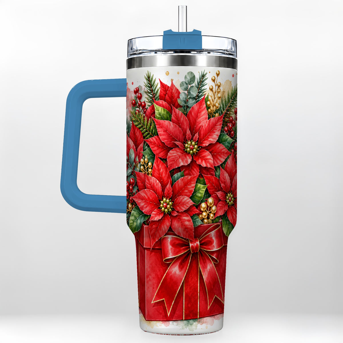 #pl[40oz|Blue] Poinsettia Bouquet 40oz Tumbler with Handle, Christmas Floral Art