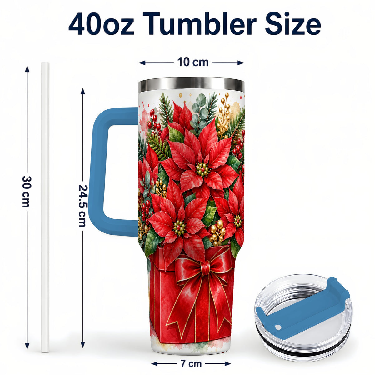 #pl[40oz|Blue] Poinsettia Bouquet 40oz Tumbler with Handle, Christmas Floral Art