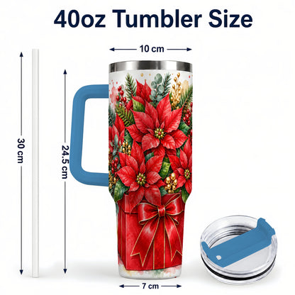 #pl[40oz|Blue] Poinsettia Bouquet 40oz Tumbler with Handle, Christmas Floral Art