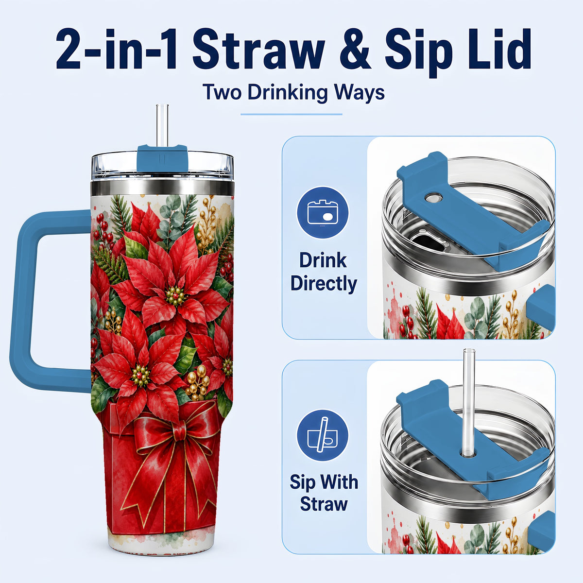 #pl[40oz|Blue] Poinsettia Bouquet 40oz Tumbler with Handle, Christmas Floral Art