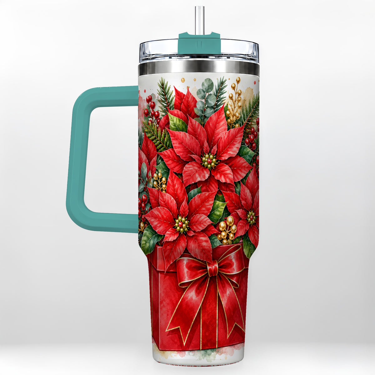 #pl[40oz|Green] Poinsettia Bouquet 40oz Tumbler with Handle, Christmas Floral Art