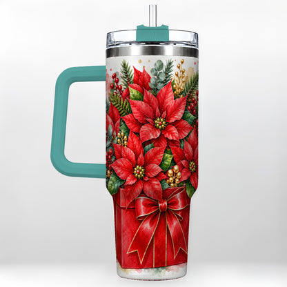 #pl[40oz|Green] Poinsettia Bouquet 40oz Tumbler with Handle, Christmas Floral Art