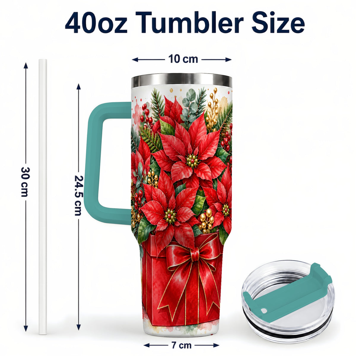 #pl[40oz|Green] Poinsettia Bouquet 40oz Tumbler with Handle, Christmas Floral Art