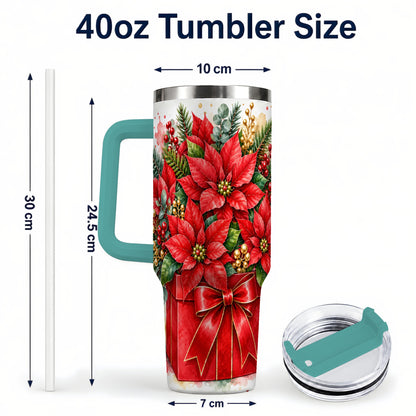 #pl[40oz|Green] Poinsettia Bouquet 40oz Tumbler with Handle, Christmas Floral Art