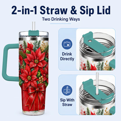 #pl[40oz|Green] Poinsettia Bouquet 40oz Tumbler with Handle, Christmas Floral Art