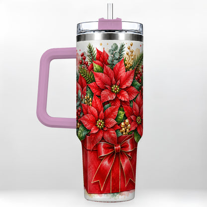 #pl[40oz|Pink] Poinsettia Bouquet 40oz Tumbler with Handle, Christmas Floral Art