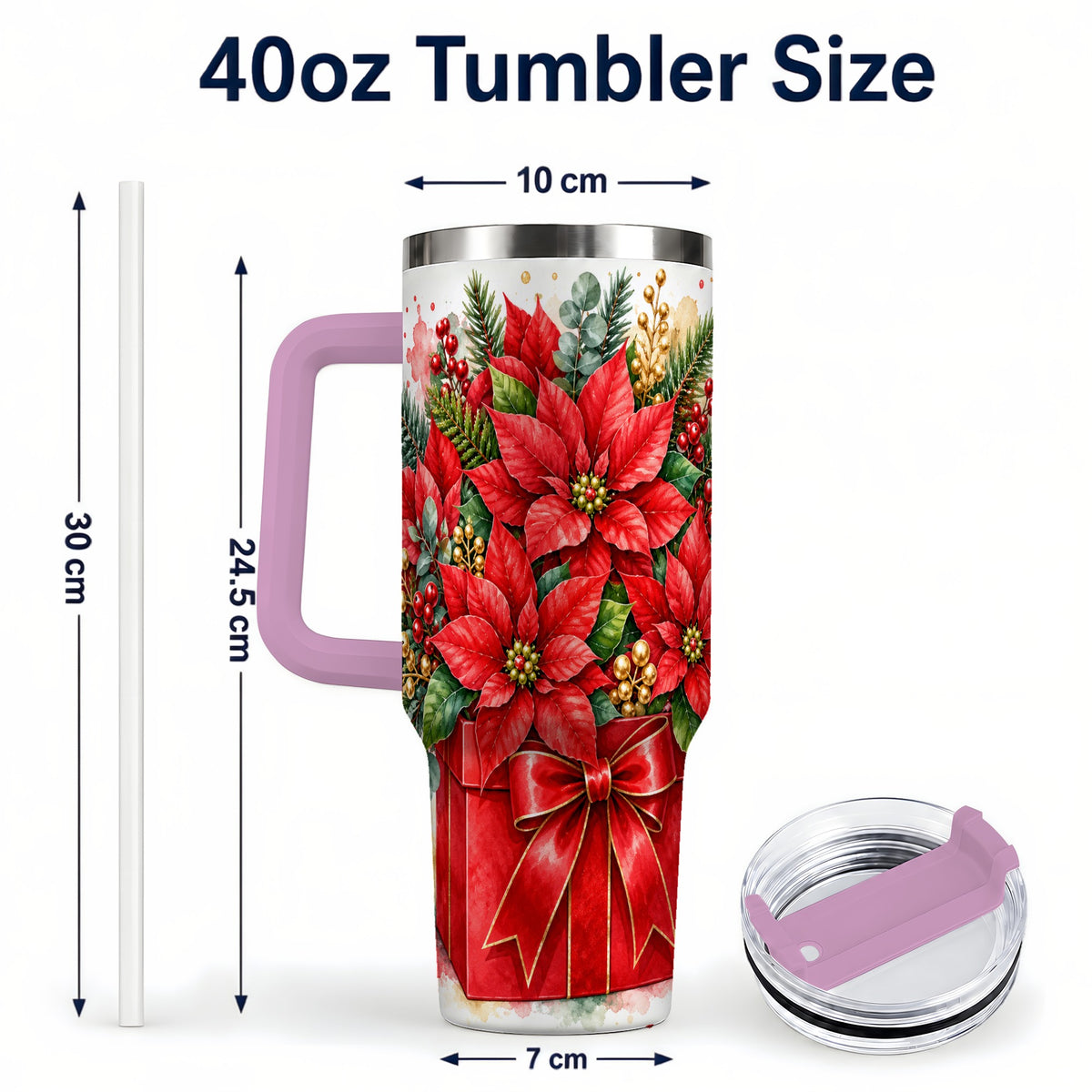 #pl[40oz|Pink] Poinsettia Bouquet 40oz Tumbler with Handle, Christmas Floral Art