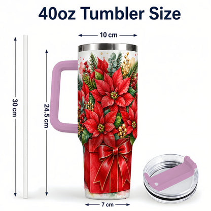 #pl[40oz|Pink] Poinsettia Bouquet 40oz Tumbler with Handle, Christmas Floral Art